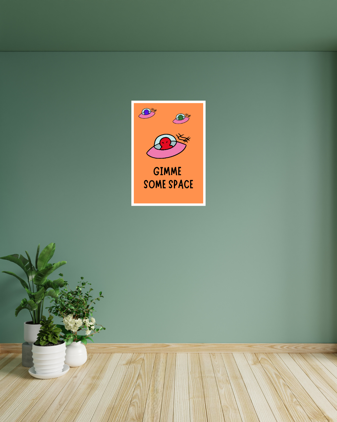 Give Me Some Space – A3 Framed UFO & Alien Illustration Poster | Whimsical Sci-Fi Wall Art | Fun, Quirky Decor for Home, Studio & Creative Spaces