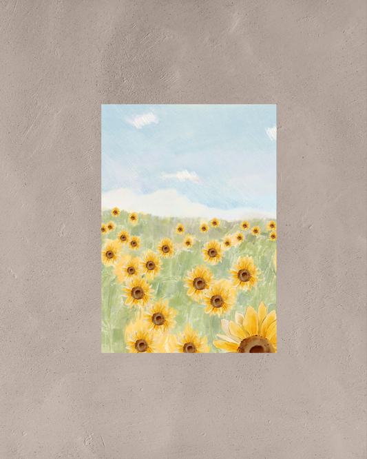 Crayon Sunflower Field – A3 Framed Poster | Hand-Drawn Textured Wall Art | Vibrant Floral Boho Décor for Living Room, Bedroom & Workspace