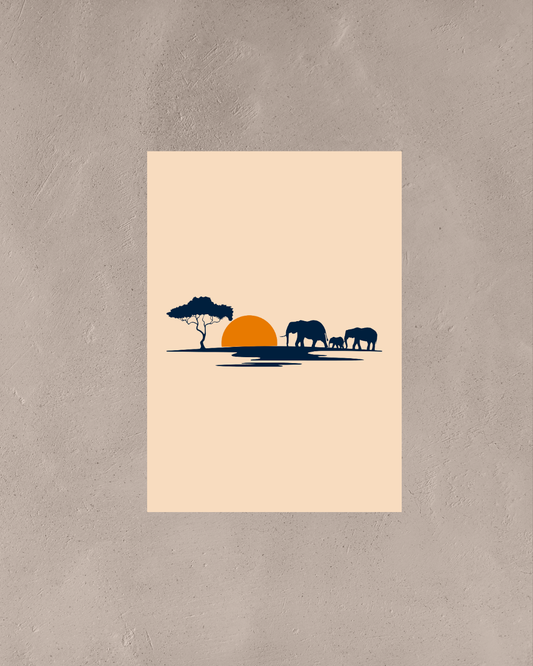 Elephant Journey – A3 Framed Jungle Sunset Silhouette Poster | Wildlife & Nature Wall Art | Safari-Inspired Decor for Home & Office