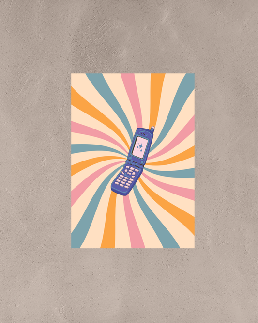 Retro Flip Phone – A3 Framed Vintage Tech Illustration Poster | Old School Wall Art | Nostalgic Decor for Home, Office & Studio