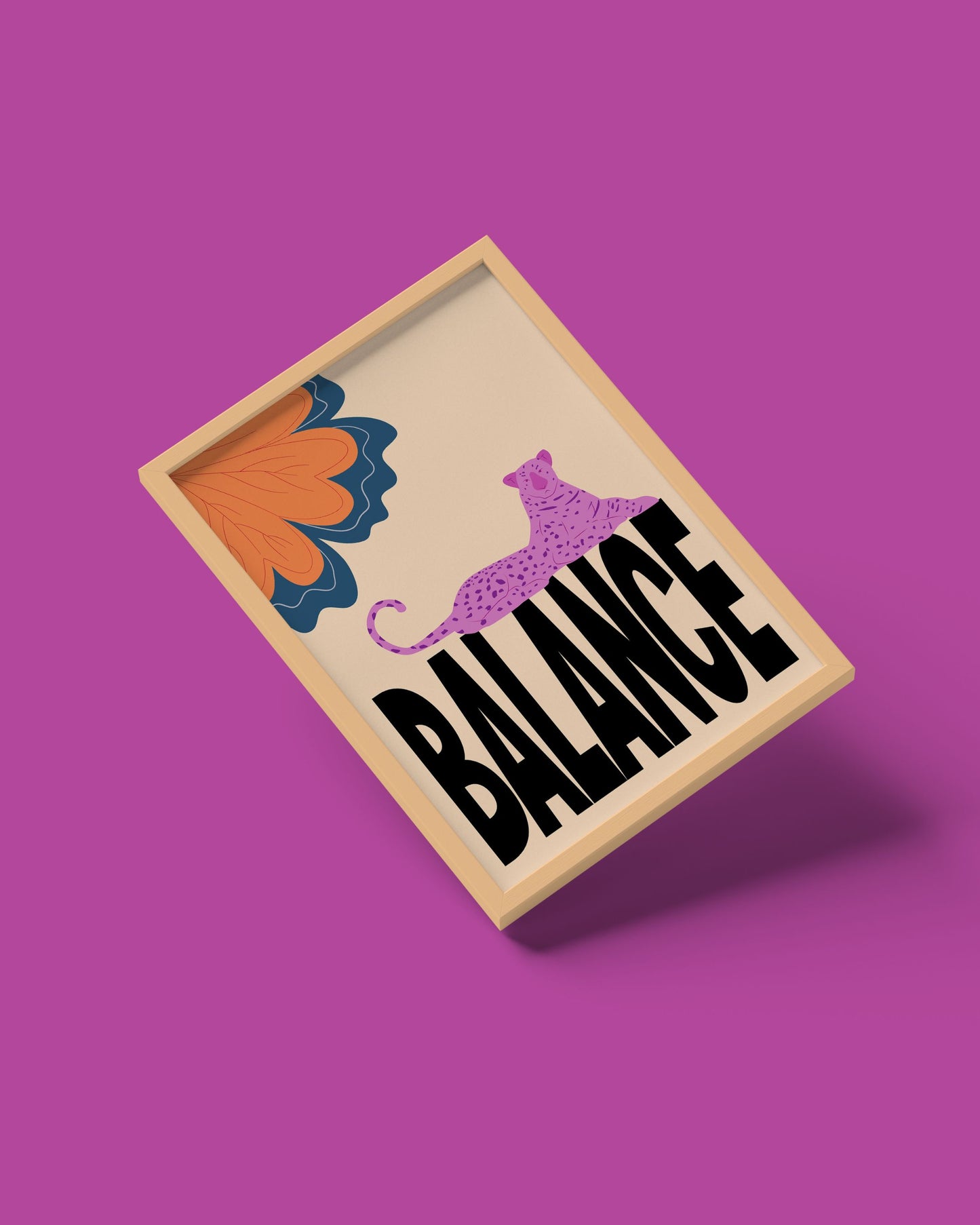 BALANCE – A3 Framed Leopard Illustration | Modern Animal Wall Art | Minimal Typography Decor for Home, Office & Creative Spaces