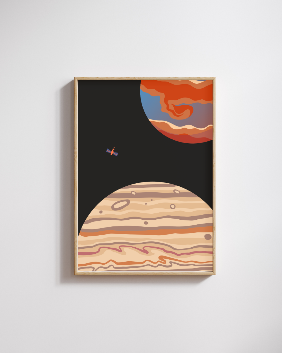 Planet Connection – A3 Framed Space Illustration Poster | Minimal Cosmic Art with Two Planets & Satellite | Modern Astronomy Wall Decor