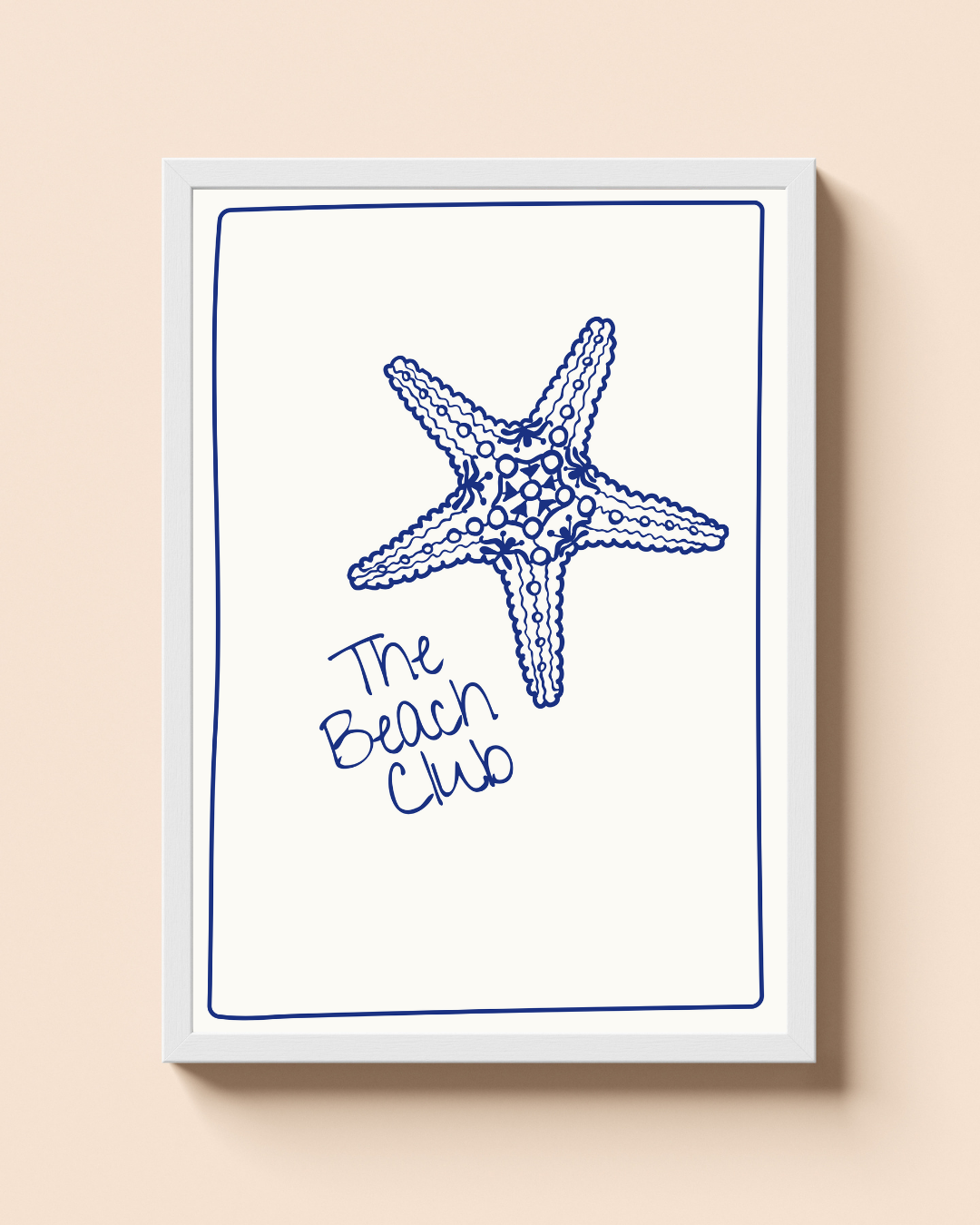 The Beach Club – A3 Framed Coastal Wall Art | Minimal Starfish Illustration Poster | Nautical Beach Theme Decor for Home & Vacation Spaces
