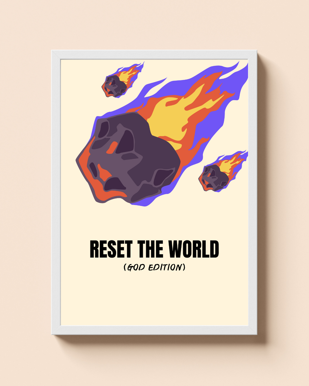 Reset the World (God Edition) – A3 Framed Bold Typography & Comet Illustration Poster | Humorous Space Art | Quirky Wall Decor for Home & Office