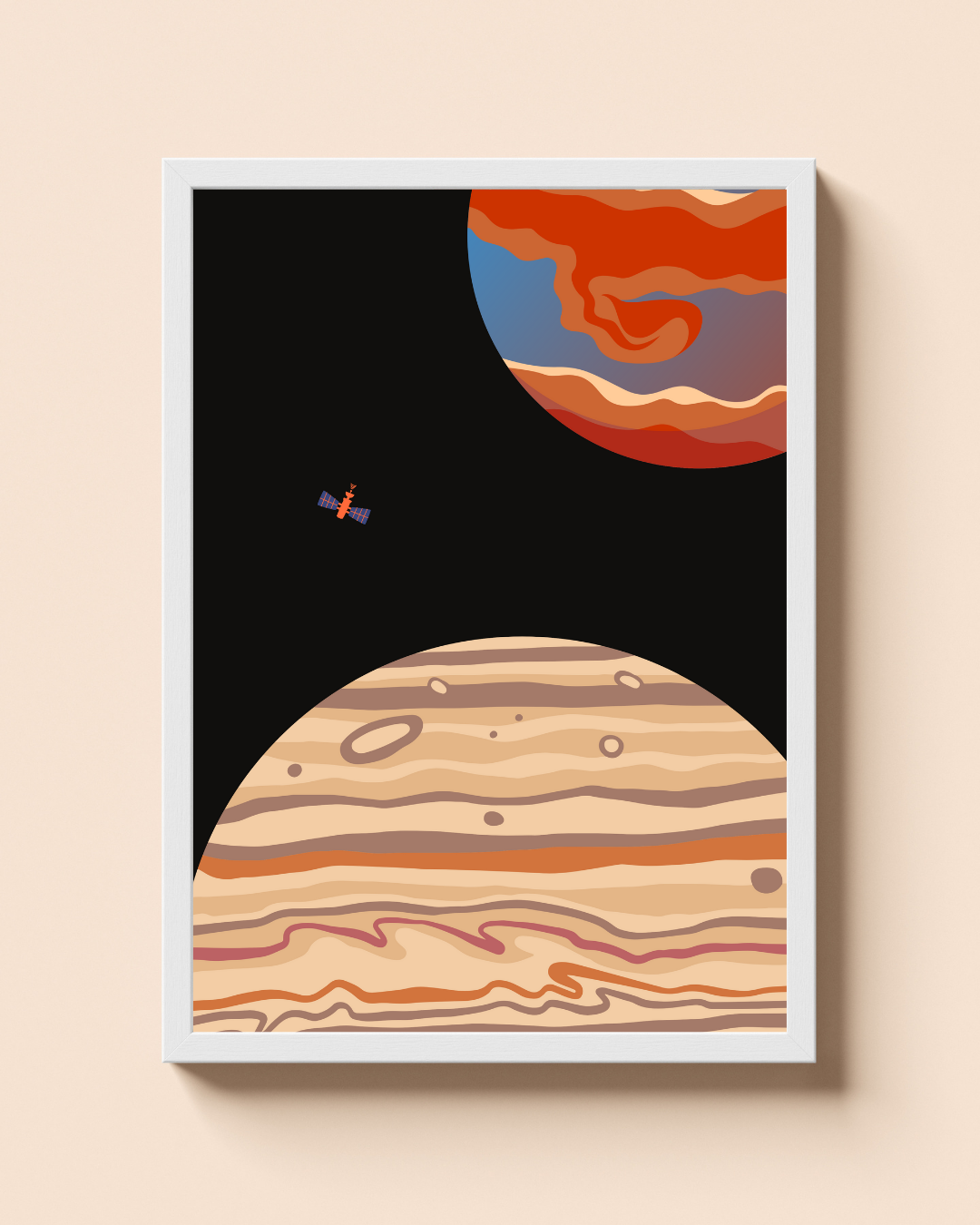 Planet Connection – A3 Framed Space Illustration Poster | Minimal Cosmic Art with Two Planets & Satellite | Modern Astronomy Wall Decor