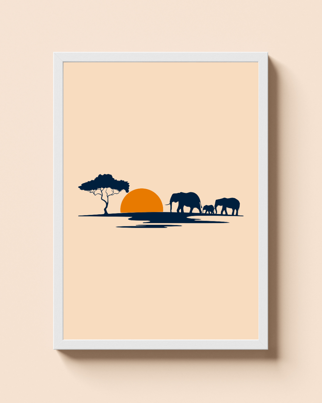 Elephant Journey – A3 Framed Jungle Sunset Silhouette Poster | Wildlife & Nature Wall Art | Safari-Inspired Decor for Home & Office