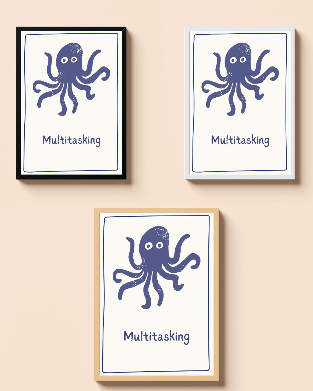 Multitasking – A3 Framed Cute Octopus Illustration Poster | Fun & Whimsical Wall Art | Playful Decor for Kids, Offices & Creative Spaces