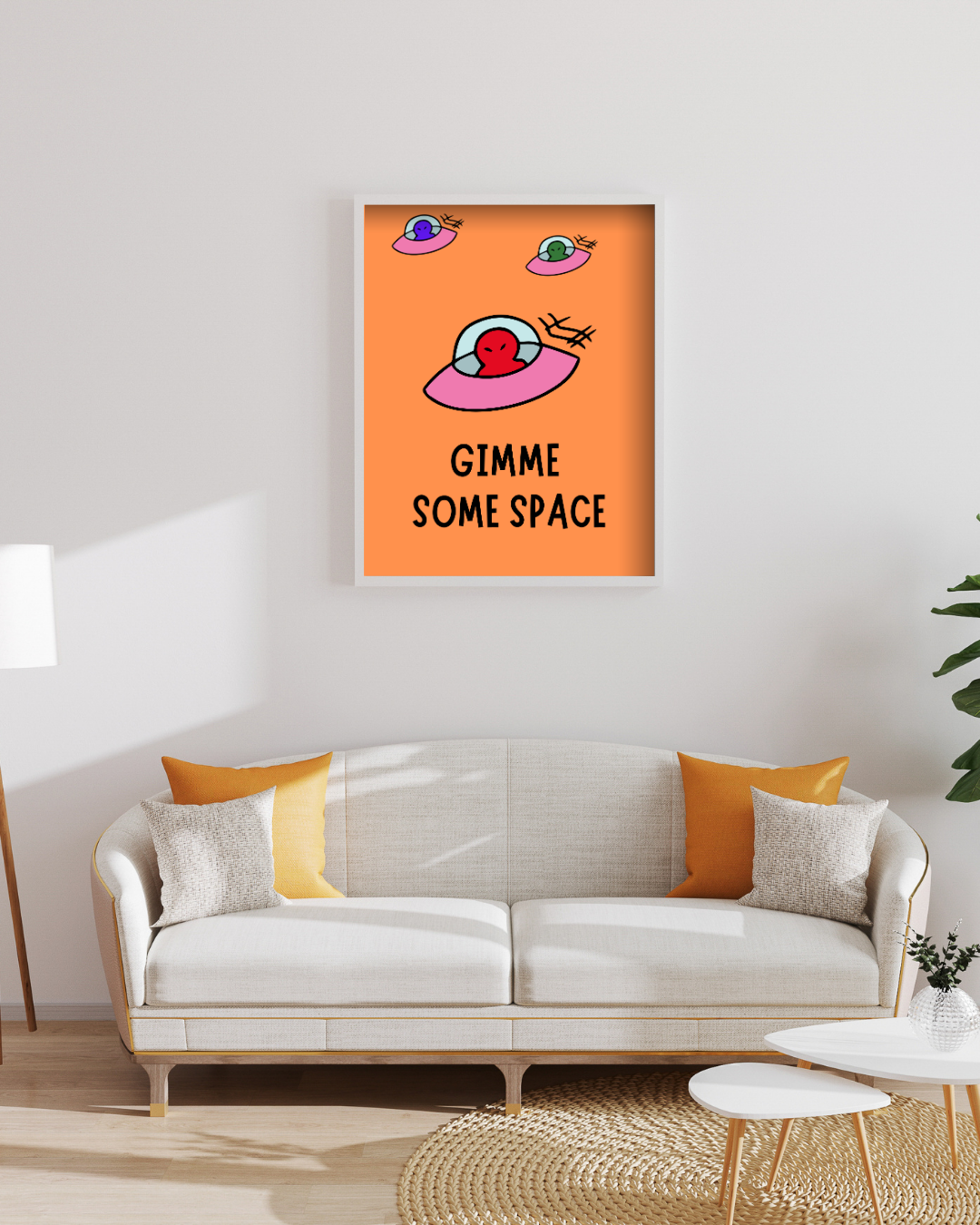 Give Me Some Space – A3 Framed UFO & Alien Illustration Poster | Whimsical Sci-Fi Wall Art | Fun, Quirky Decor for Home, Studio & Creative Spaces