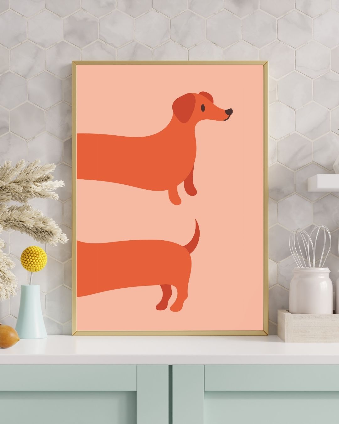 Hot Dog – A3 Framed Cute Dachshund Illustration Poster | Funny Dog Wall Art | Quirky Pet Lover Decor for Living Room, Bedroom & Office