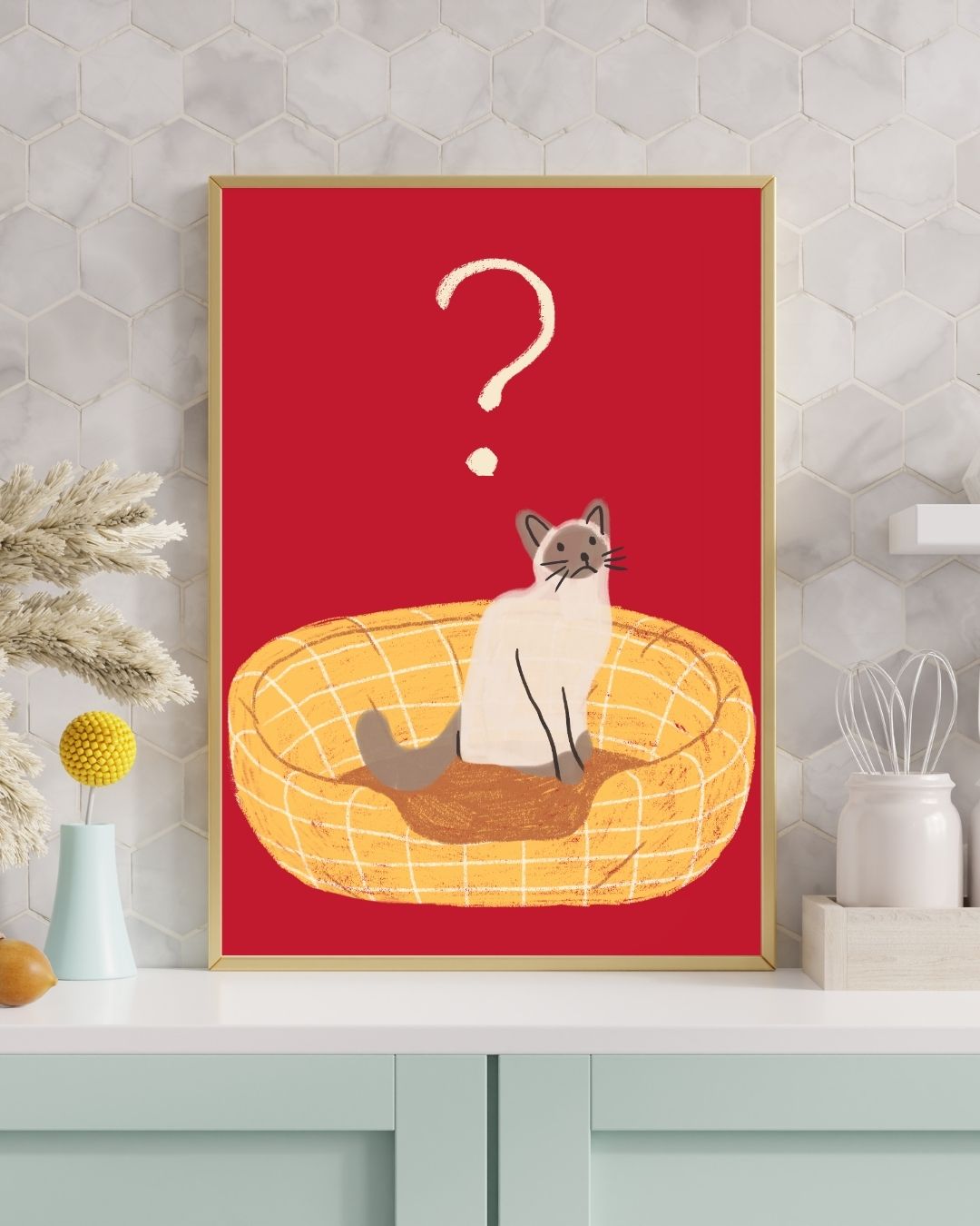 Confused Cat – A3 Framed Cute Cat Illustration Poster | Quirky Animal Wall Art | Fun Minimal Print for Living Room, Bedroom & Workspace