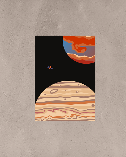 Planet Connection – A3 Framed Space Illustration Poster | Minimal Cosmic Art with Two Planets & Satellite | Modern Astronomy Wall Decor