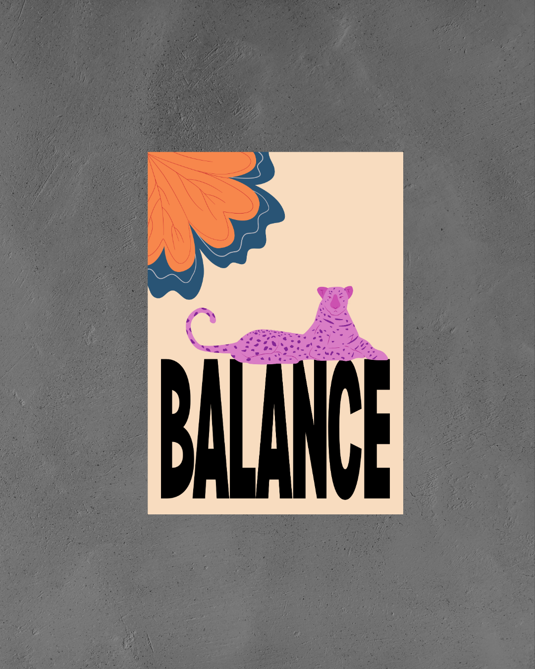 BALANCE – A3 Framed Leopard Illustration | Modern Animal Wall Art | Minimal Typography Decor for Home, Office & Creative Spaces