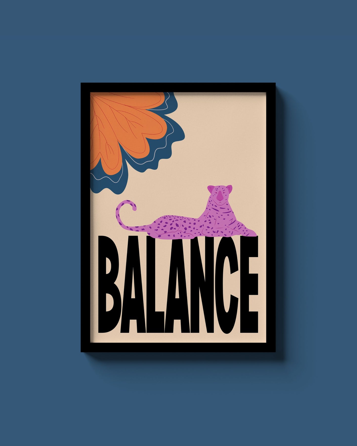 BALANCE – A3 Framed Leopard Illustration | Modern Animal Wall Art | Minimal Typography Decor for Home, Office & Creative Spaces