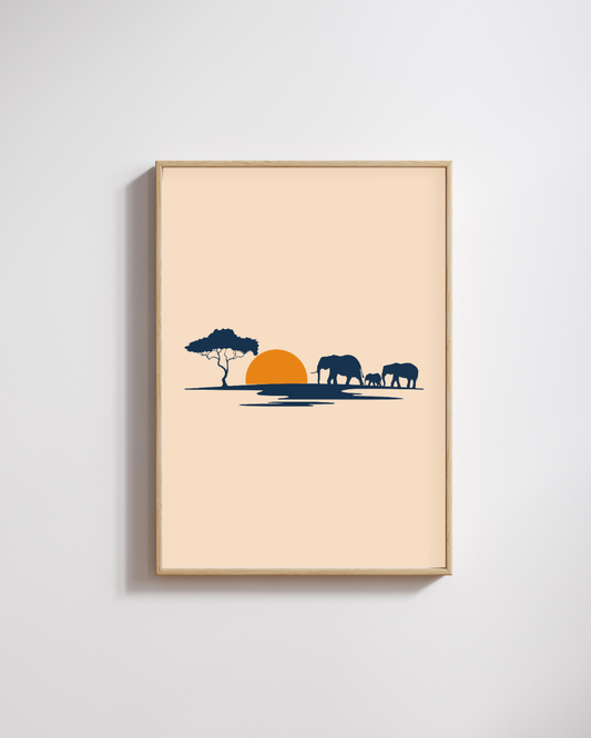 Elephant Journey – A3 Framed Jungle Sunset Silhouette Poster | Wildlife & Nature Wall Art | Safari-Inspired Decor for Home & Office