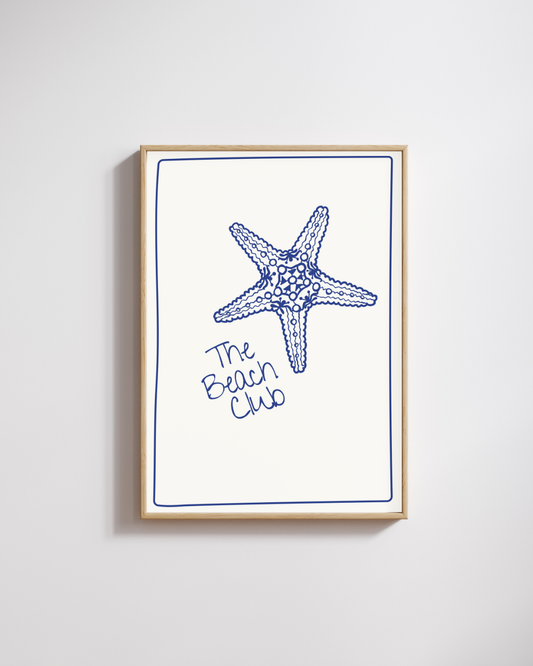 The Beach Club – A3 Framed Coastal Wall Art | Minimal Starfish Illustration Poster | Nautical Beach Theme Decor for Home & Vacation Spaces