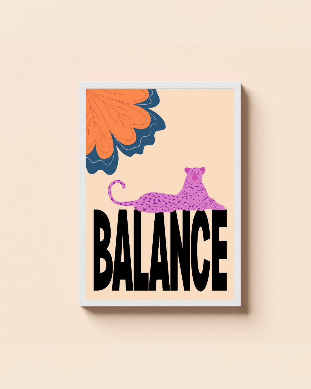 BALANCE – A3 Framed Leopard Illustration | Modern Animal Wall Art | Minimal Typography Decor for Home, Office & Creative Spaces