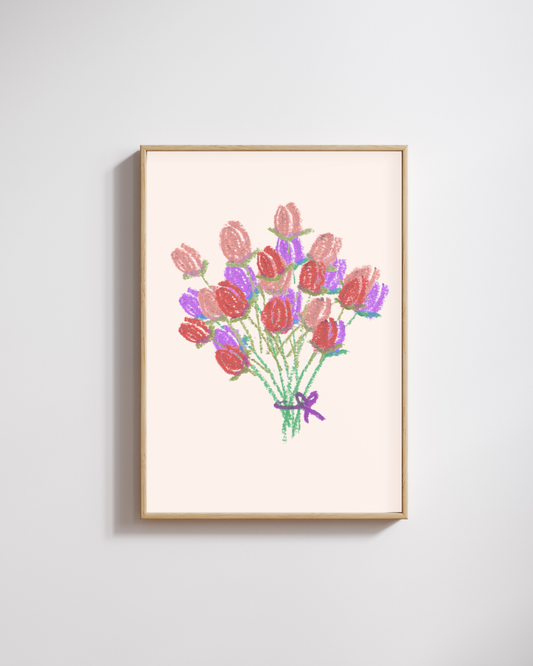 Crayon Bouquet – A3 Framed Poster | Hand-Painted Look Floral Wall Art | Vibrant Textured Home Decor for Living Room & Bedroom