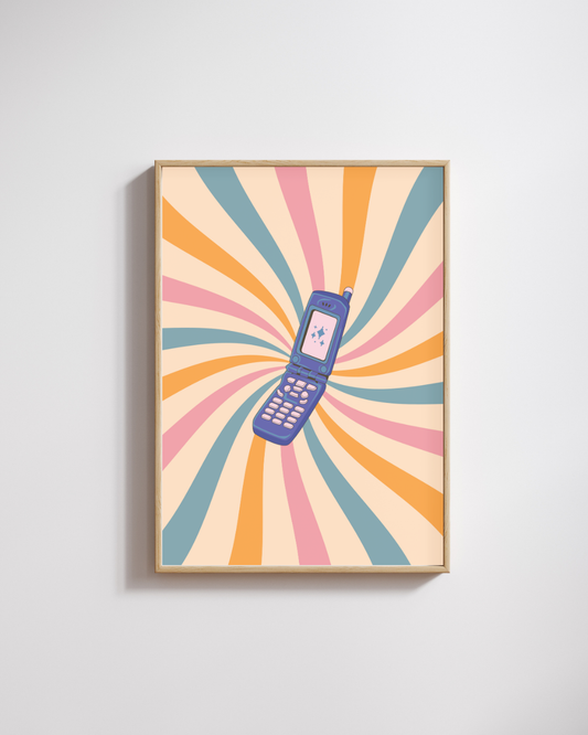 Retro Flip Phone – A3 Framed Vintage Tech Illustration Poster | Old School Wall Art | Nostalgic Decor for Home, Office & Studio