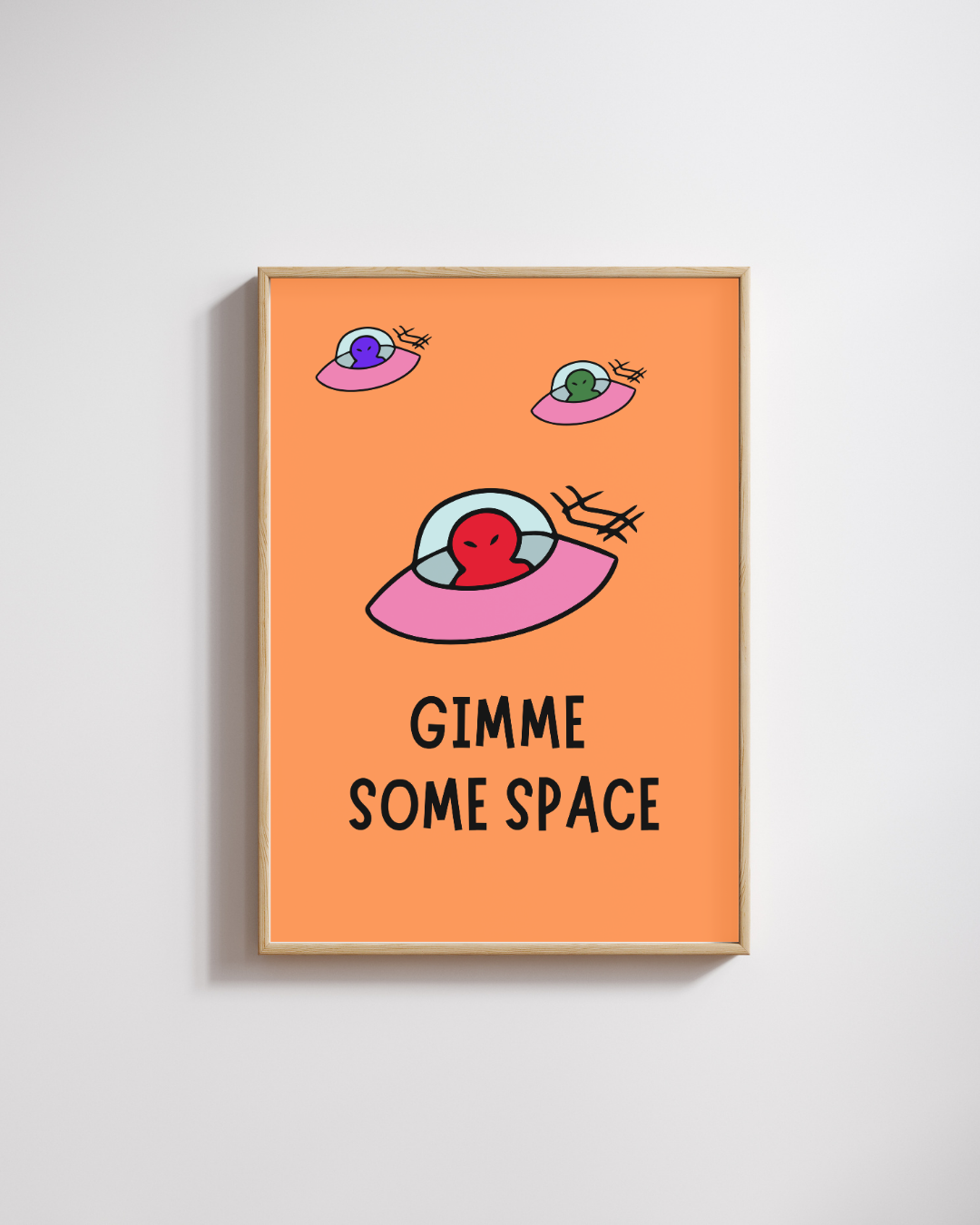 Give Me Some Space – A3 Framed UFO & Alien Illustration Poster | Whimsical Sci-Fi Wall Art | Fun, Quirky Decor for Home, Studio & Creative Spaces