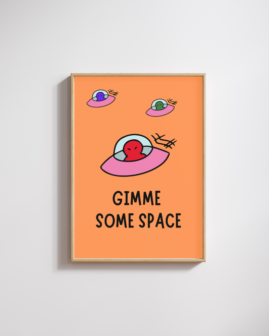 Give Me Some Space – A3 Framed UFO & Alien Illustration Poster | Whimsical Sci-Fi Wall Art | Fun, Quirky Decor for Home, Studio & Creative Spaces