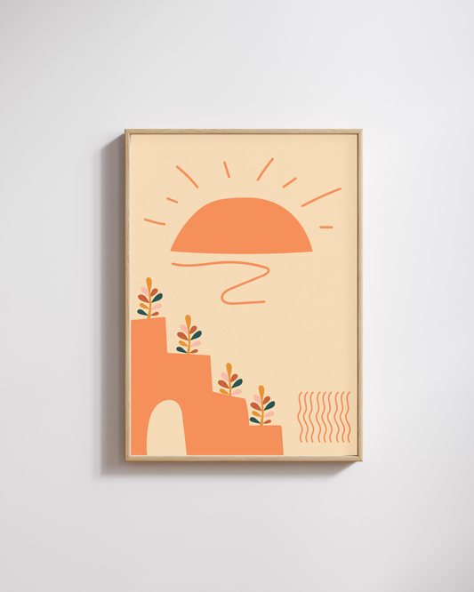 Boho Sunrise – A3 Framed Abstract Shapes Poster | Minimal Geometric Wall Art | Warm Earthy Tone Decor for Modern & Bohemian Interiors