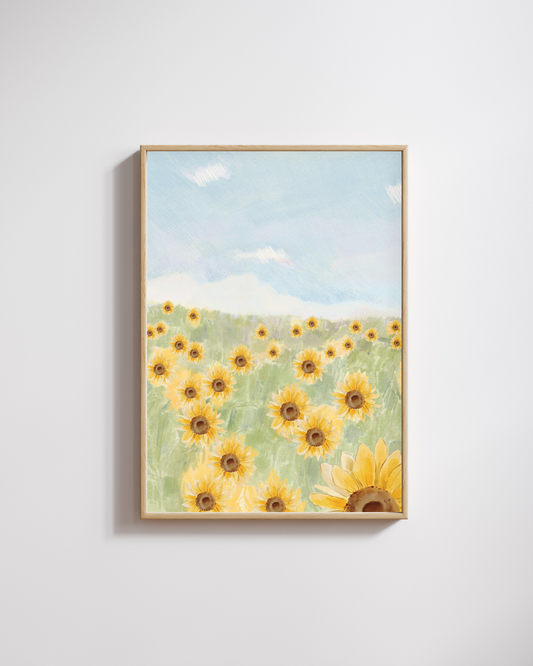 Crayon Sunflower Field – A3 Framed Poster | Hand-Drawn Textured Wall Art | Vibrant Floral Boho Décor for Living Room, Bedroom & Workspace