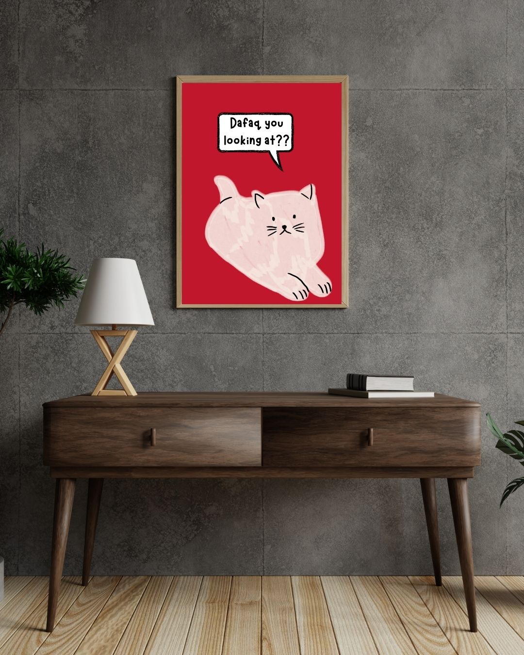 Dafaq You Lookin’ At? – A3 Framed Funny Cat Poster | Cute Mean Cat Illustration Wall Art | Quirky Pet Lover Decor for Home & Office