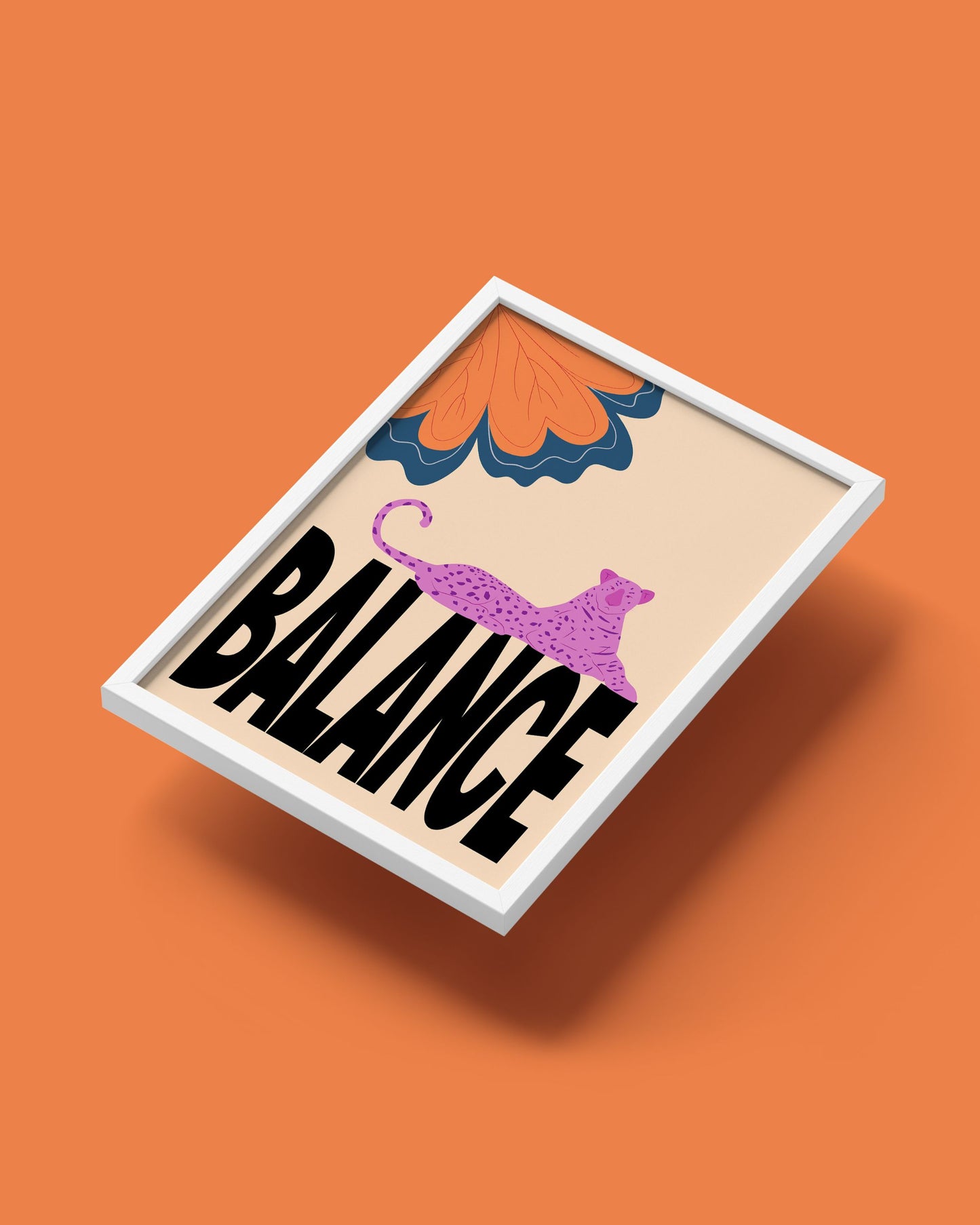 BALANCE – A3 Framed Leopard Illustration | Modern Animal Wall Art | Minimal Typography Decor for Home, Office & Creative Spaces