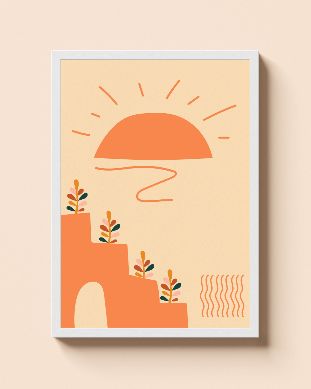 Boho Sunrise – A3 Framed Abstract Shapes Poster | Minimal Geometric Wall Art | Warm Earthy Tone Decor for Modern & Bohemian Interiors