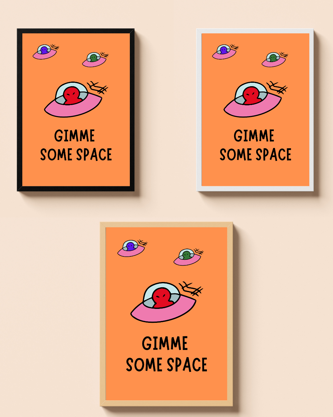 Give Me Some Space – A3 Framed UFO & Alien Illustration Poster | Whimsical Sci-Fi Wall Art | Fun, Quirky Decor for Home, Studio & Creative Spaces