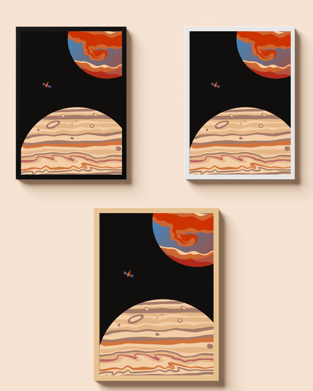 Planet Connection – A3 Framed Space Illustration Poster | Minimal Cosmic Art with Two Planets & Satellite | Modern Astronomy Wall Decor