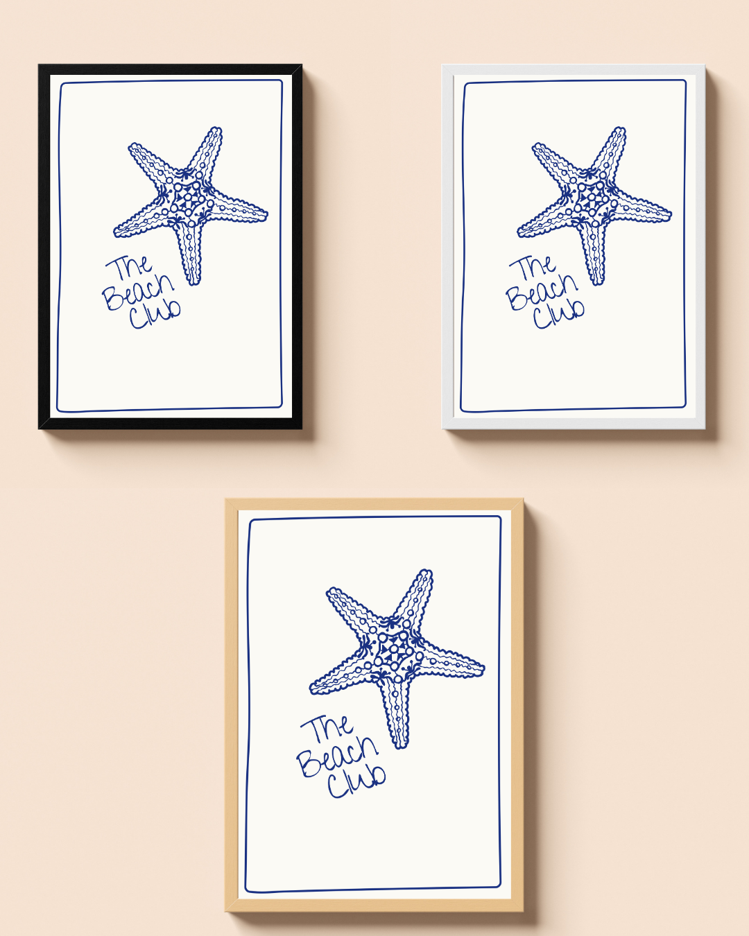 The Beach Club – A3 Framed Coastal Wall Art | Minimal Starfish Illustration Poster | Nautical Beach Theme Decor for Home & Vacation Spaces
