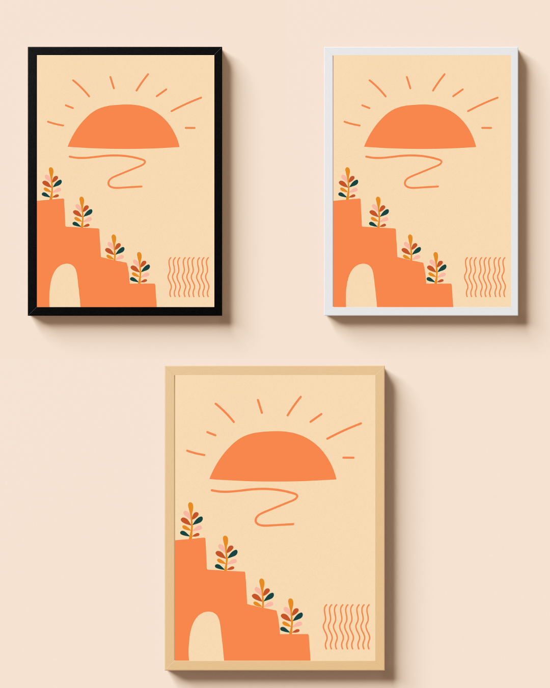 Boho Sunrise – A3 Framed Abstract Shapes Poster | Minimal Geometric Wall Art | Warm Earthy Tone Decor for Modern & Bohemian Interiors