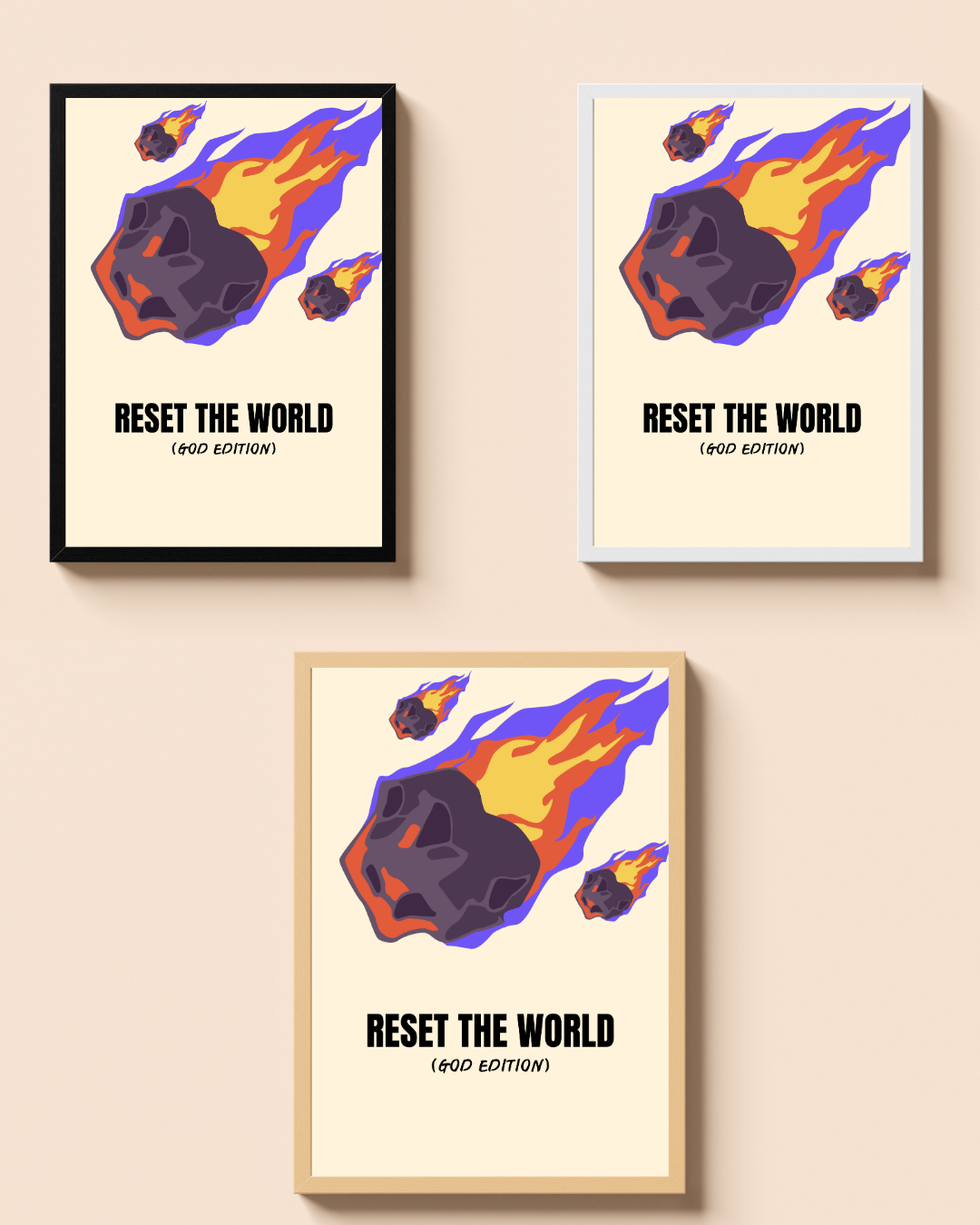 Reset the World (God Edition) – A3 Framed Bold Typography & Comet Illustration Poster | Humorous Space Art | Quirky Wall Decor for Home & Office