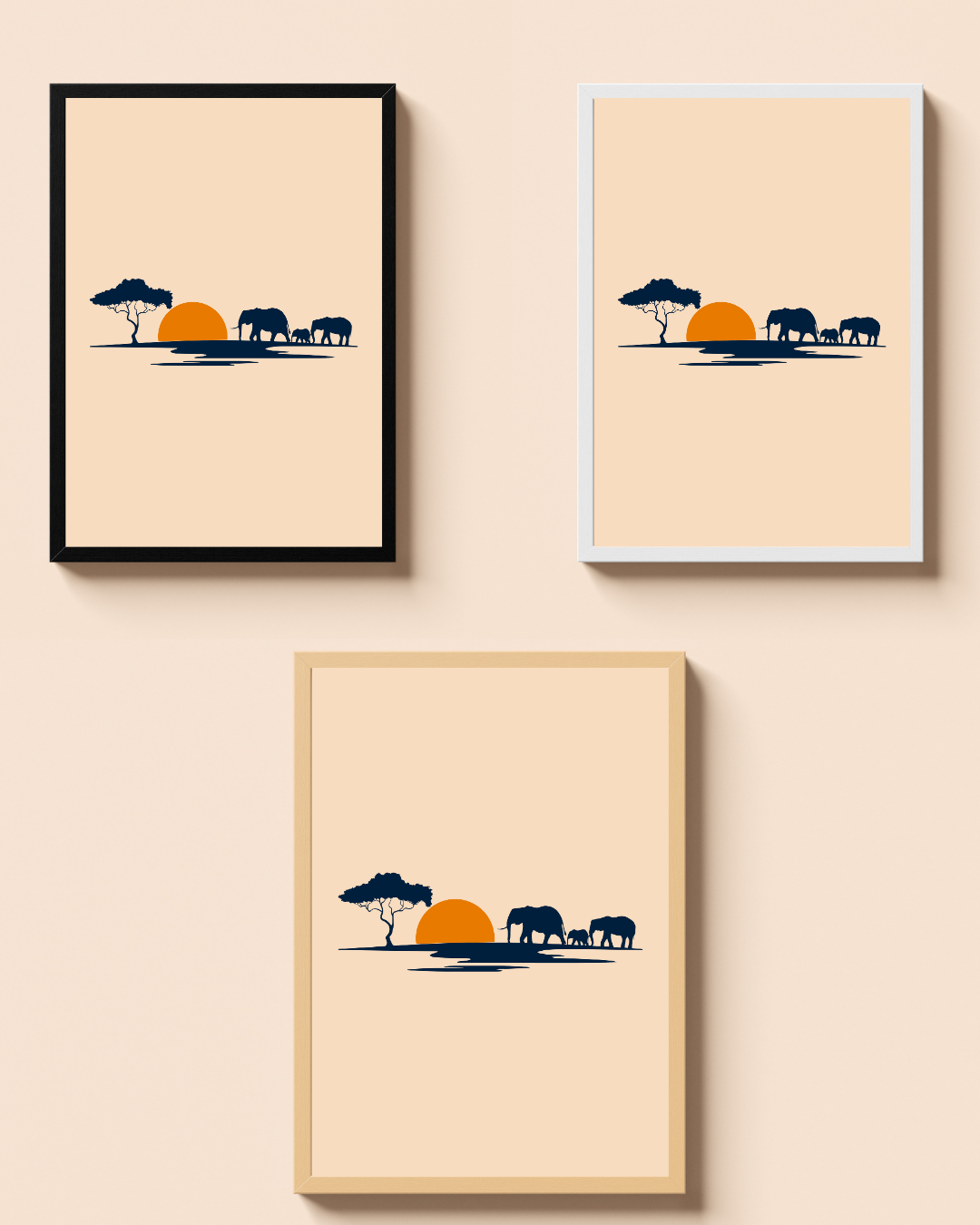 Elephant Journey – A3 Framed Jungle Sunset Silhouette Poster | Wildlife & Nature Wall Art | Safari-Inspired Decor for Home & Office