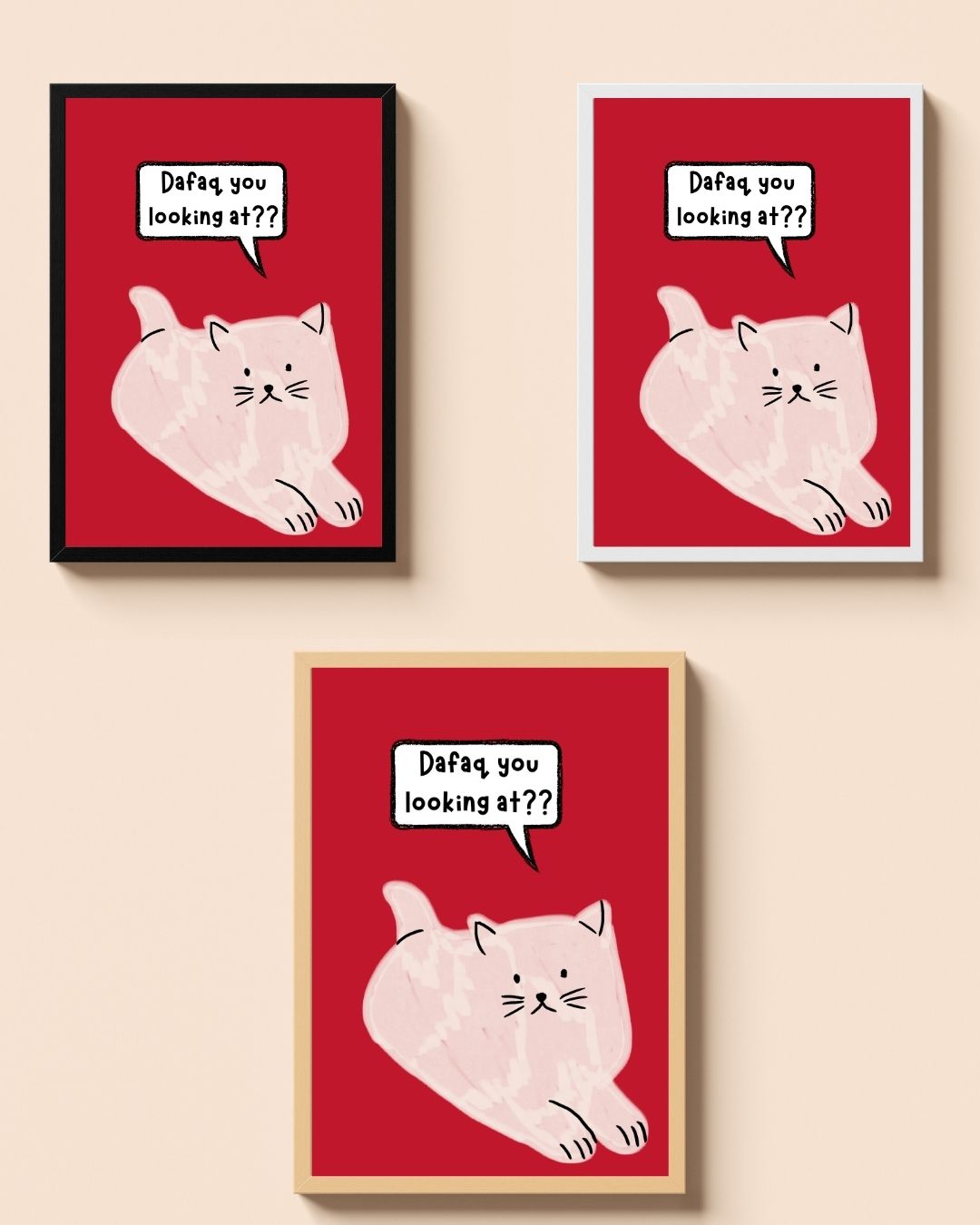 Dafaq You Lookin’ At? – A3 Framed Funny Cat Poster | Cute Mean Cat Illustration Wall Art | Quirky Pet Lover Decor for Home & Office