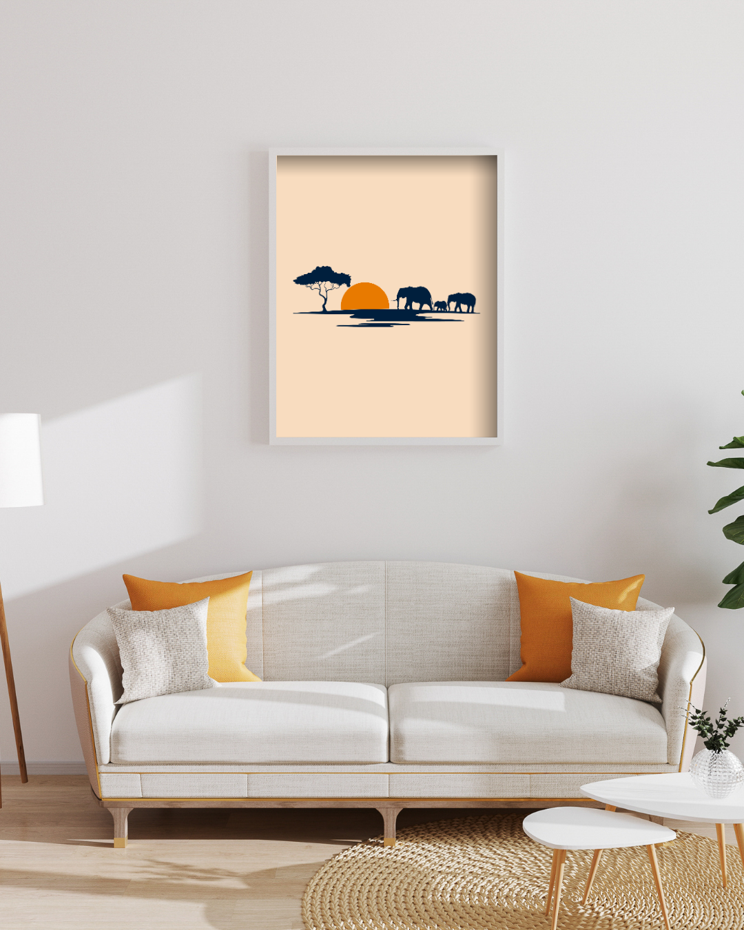 Elephant Journey – A3 Framed Jungle Sunset Silhouette Poster | Wildlife & Nature Wall Art | Safari-Inspired Decor for Home & Office