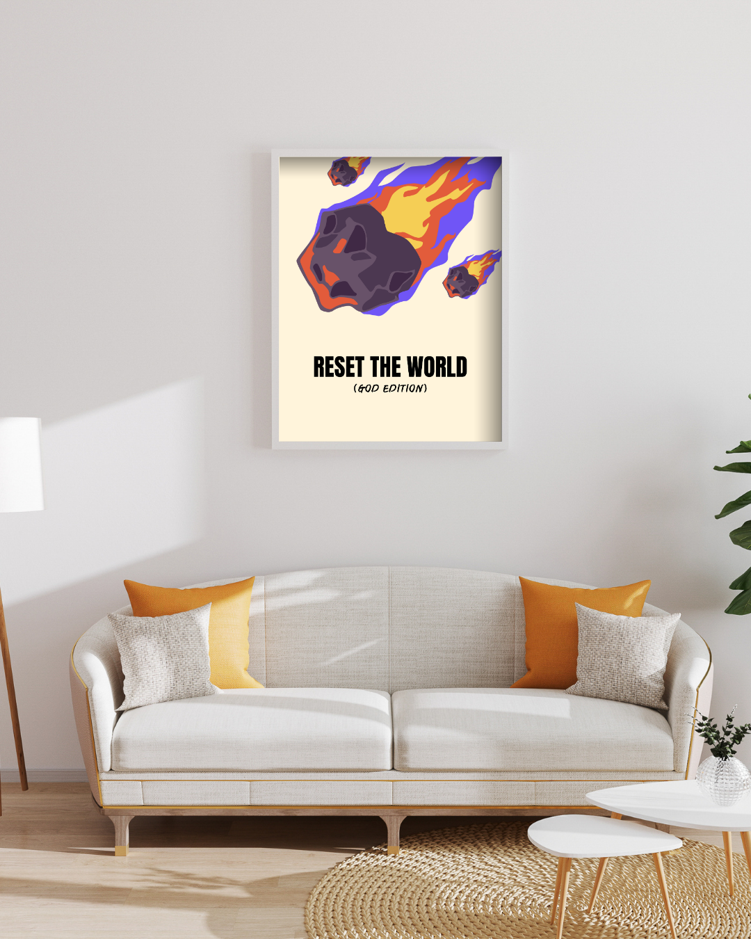 Reset the World (God Edition) – A3 Framed Bold Typography & Comet Illustration Poster | Humorous Space Art | Quirky Wall Decor for Home & Office