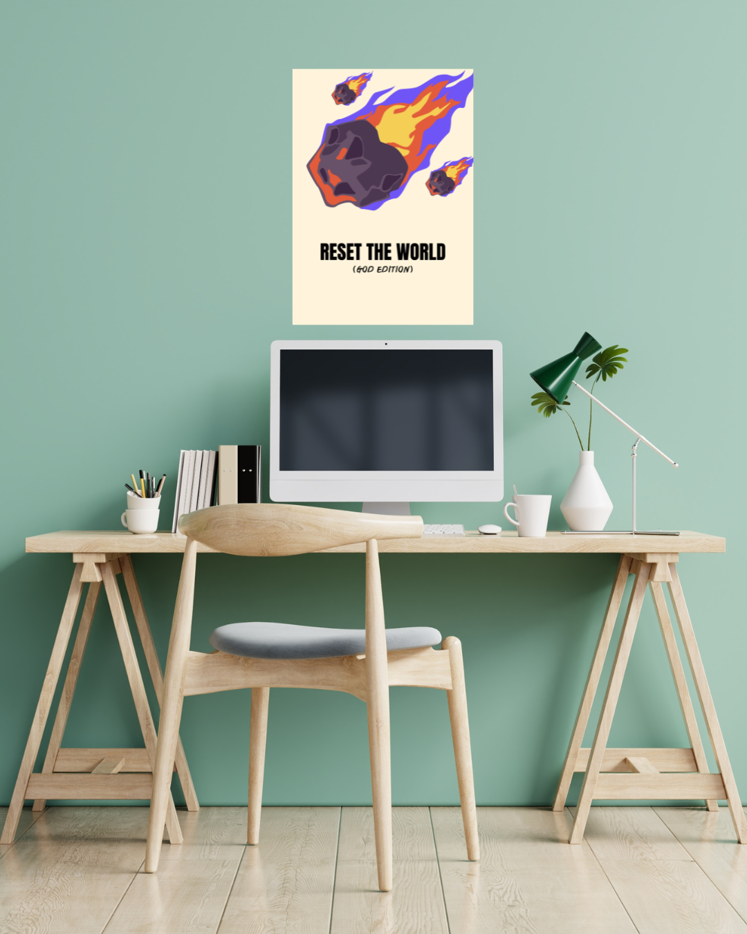 Reset the World (God Edition) – A3 Framed Bold Typography & Comet Illustration Poster | Humorous Space Art | Quirky Wall Decor for Home & Office