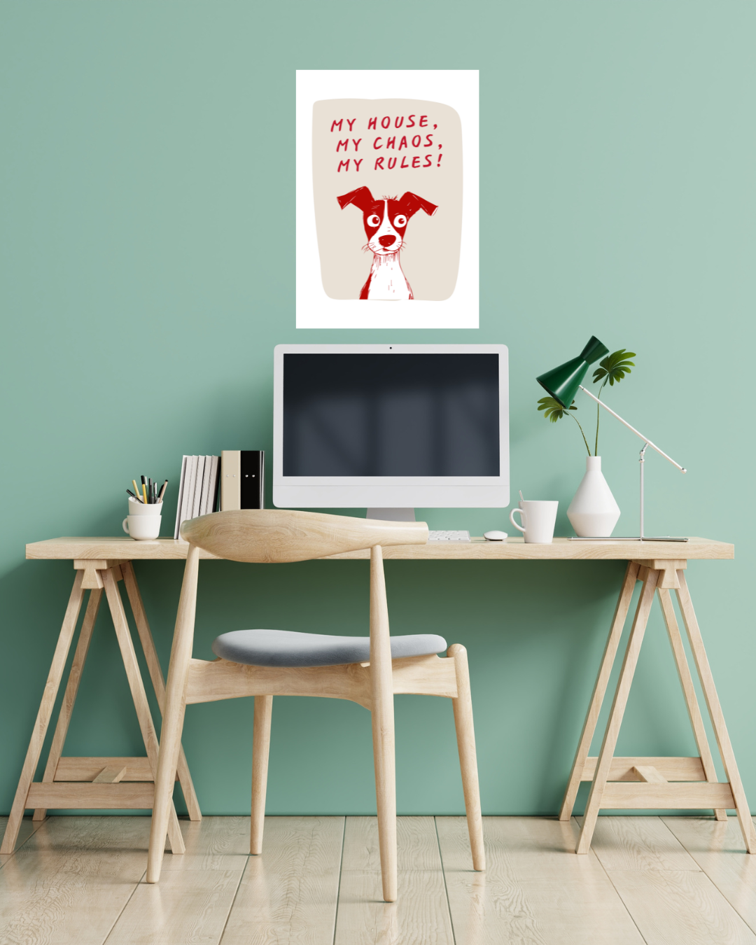 My House, My Rules – A3 Framed Cute Dog Illustration Poster | Fun & Playful Pet Lover Wall Art | Quirky Home & Office Decor