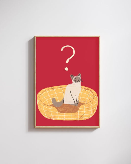 Confused Cat – A3 Framed Cute Cat Illustration Poster | Quirky Animal Wall Art | Fun Minimal Print for Living Room, Bedroom & Workspace