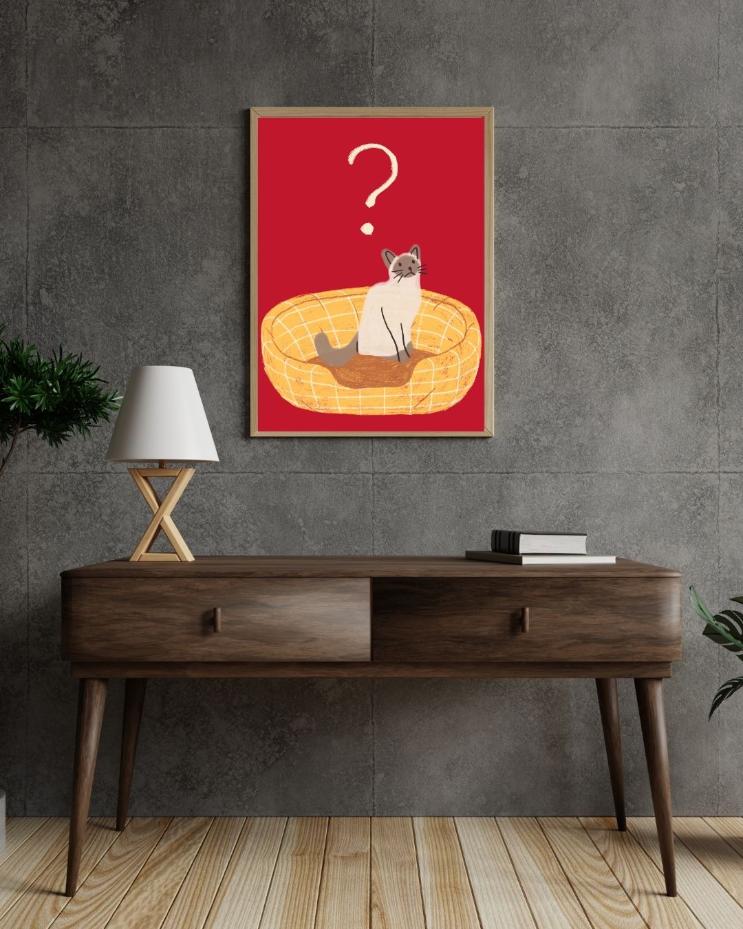 Confused Cat – A3 Framed Cute Cat Illustration Poster | Quirky Animal Wall Art | Fun Minimal Print for Living Room, Bedroom & Workspace