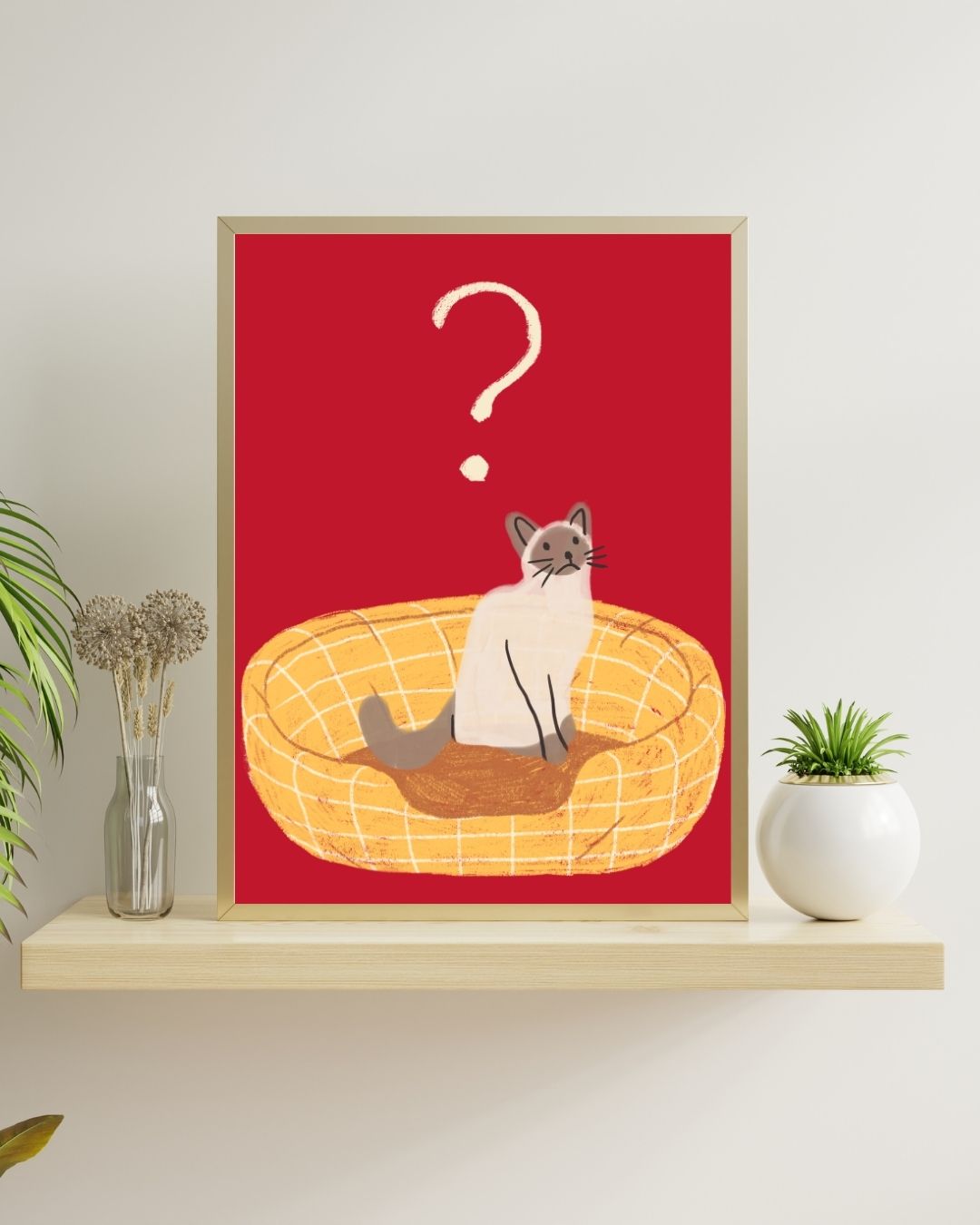 Confused Cat – A3 Framed Cute Cat Illustration Poster | Quirky Animal Wall Art | Fun Minimal Print for Living Room, Bedroom & Workspace