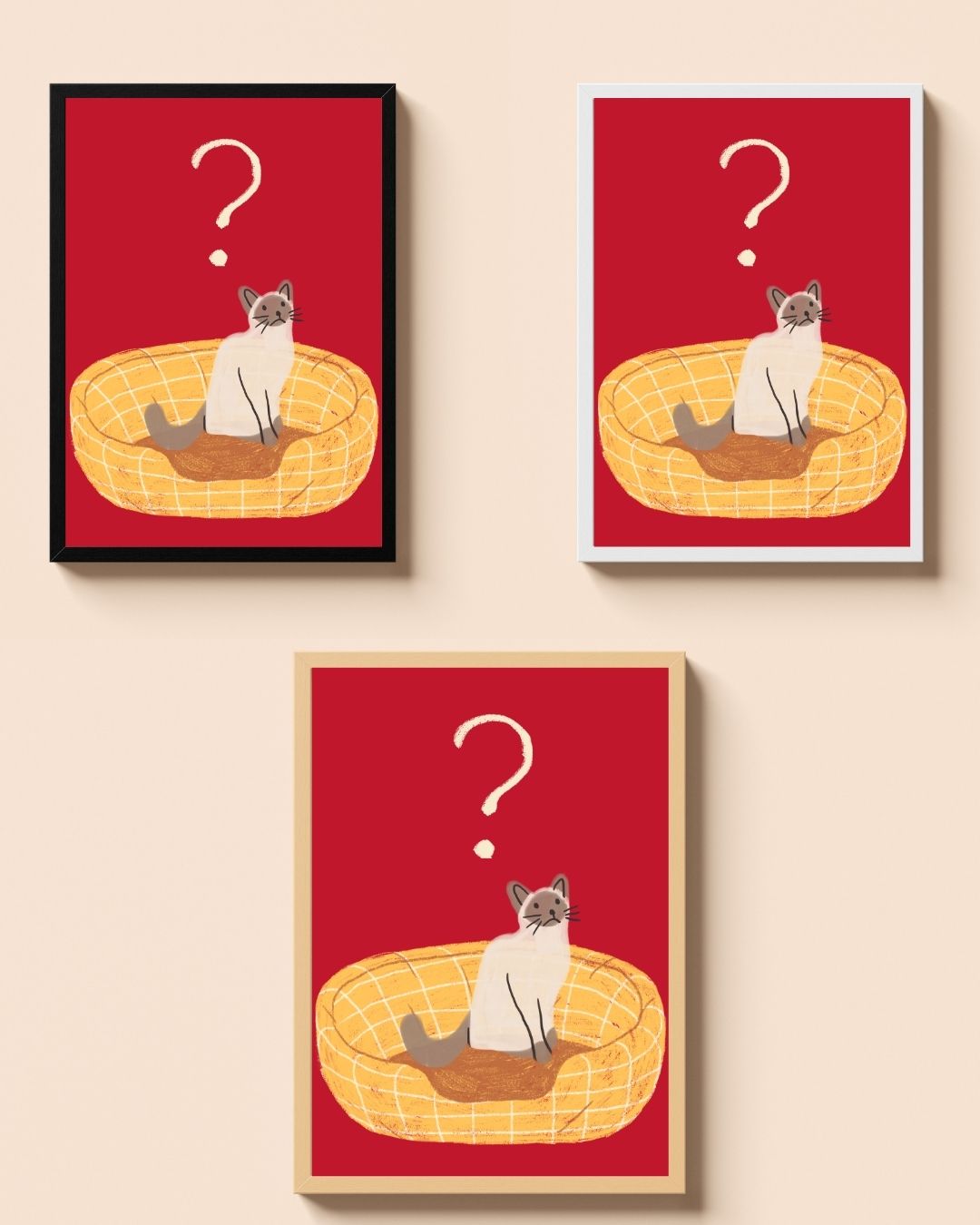 Confused Cat – A3 Framed Cute Cat Illustration Poster | Quirky Animal Wall Art | Fun Minimal Print for Living Room, Bedroom & Workspace